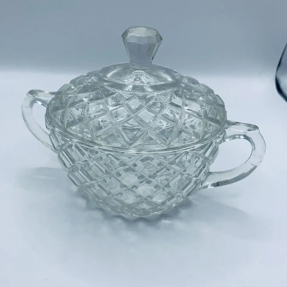 Anchor Hocking Waterford Waffle Cut Crystal Sugar Bowl with Lid 1938-1944 Oval